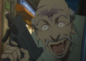 the old man (as he excitedly tries to gun Maria and Mino down)